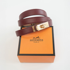 Узкий кожаный женский брендовый ремень Hermes (280-1) бордовый